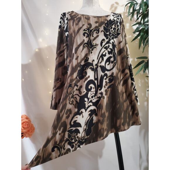 Chicos Travelers Asymmetrical, Animal Floral Slinky Stretch Tunic Top 3 US XL 16 - Picture 2 of 13